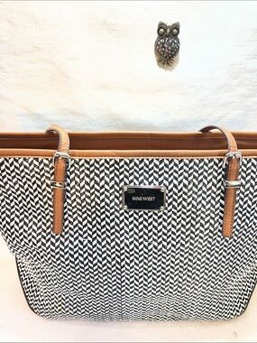 Nine West Black and White Woven Tote with Tan Trim and Straps.